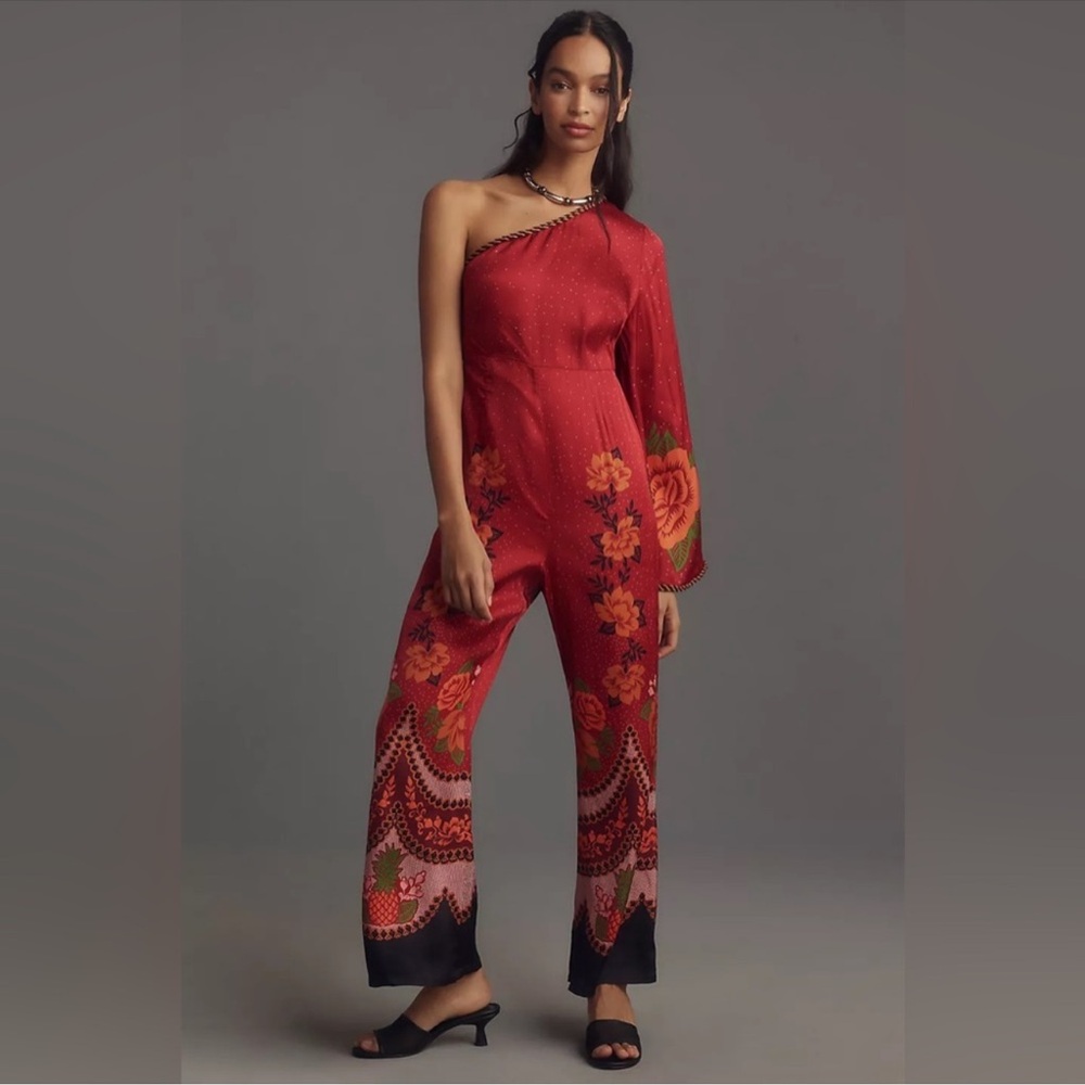 FARM Rio x Anthropologie One-Shoulder Printed Satin Jumpsuit